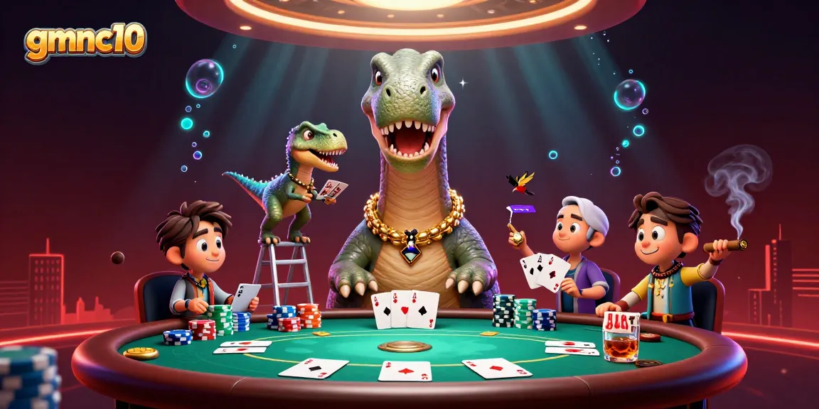 Experience exhilarating poker action with gmnc10, featuring a playful brontosaurus and clever raptor.