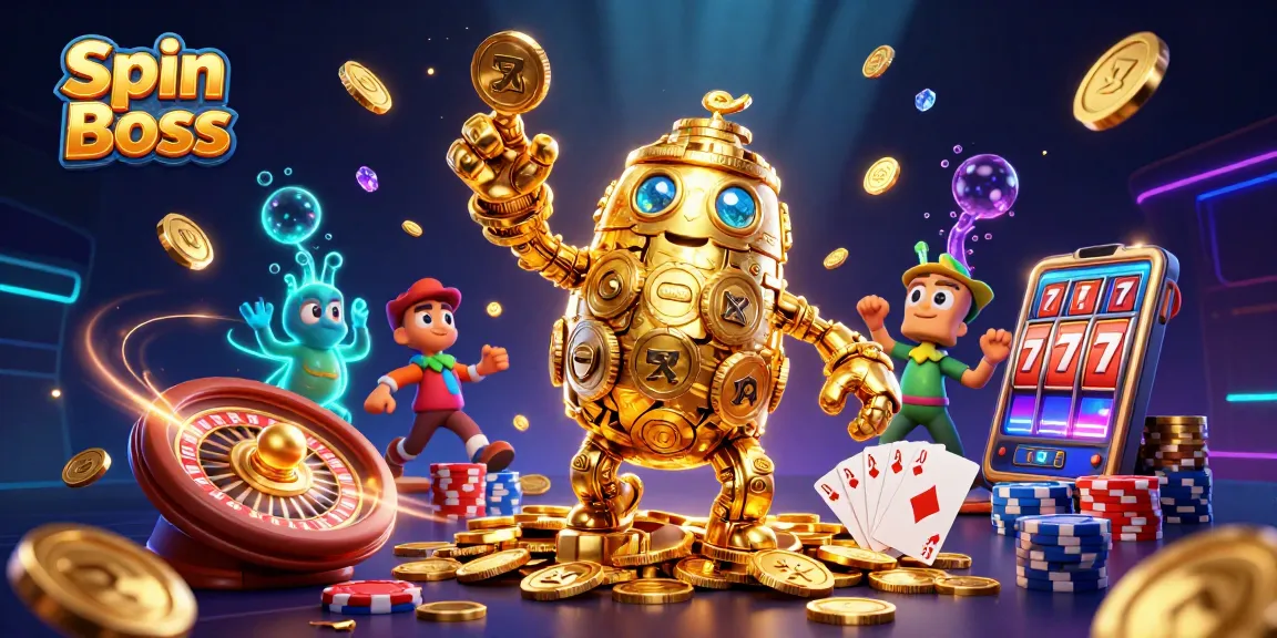 Experience Spin Boss excitement with dynamic casino illustrations featuring golden golem and winning symbols.