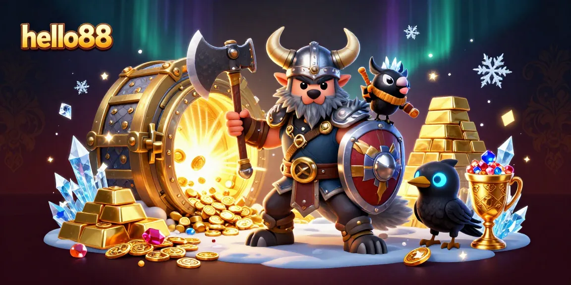 Engage in thrilling adventures with hello88, featuring a Viking warrior and dragon amid a treasure-filled casino.