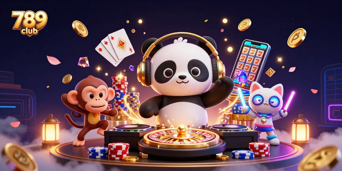 Experience the fun at 789 club with a vibrant casino scene featuring a DJ panda spinning roulette wheels.