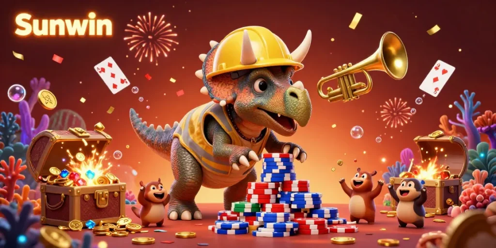 Sunwin enhances your gambling experience with a vibrant scene of a triceratops building poker chips against a colorful casino backdrop.