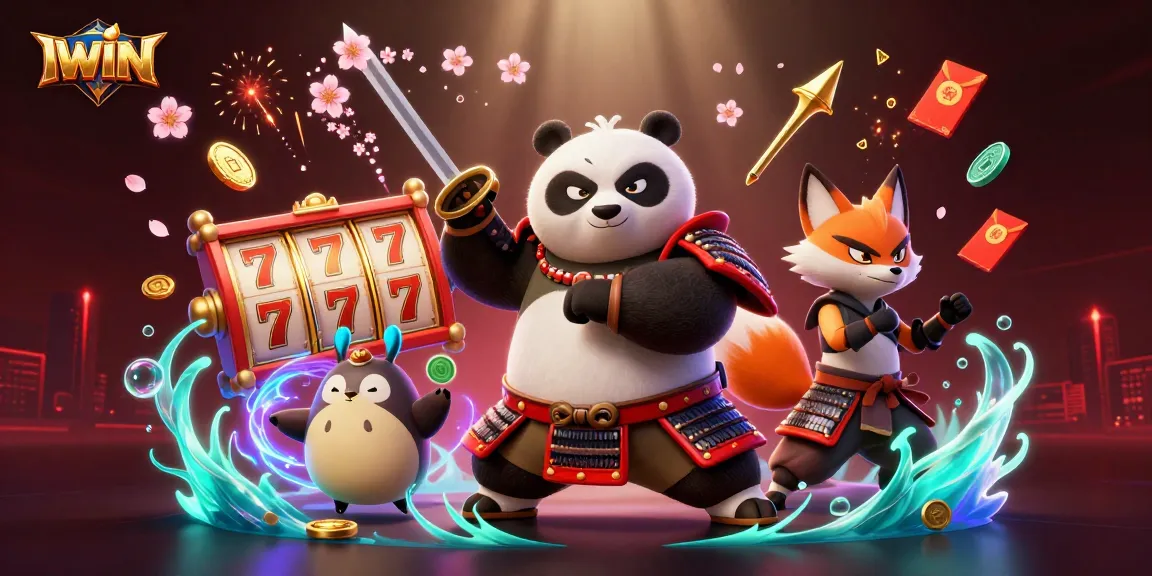 IWIN unleashes an electrifying casino experience with vibrant characters playing slots amid floating golden elements.