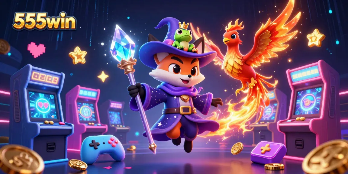 Engage with 555win's vibrant gaming scene featuring a wizard fox, phoenix, and colorful game machines.