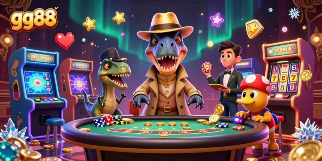 Experience thrilling gameplay at gg88 with a cartoon velociraptor card counter and colorful casino elements.