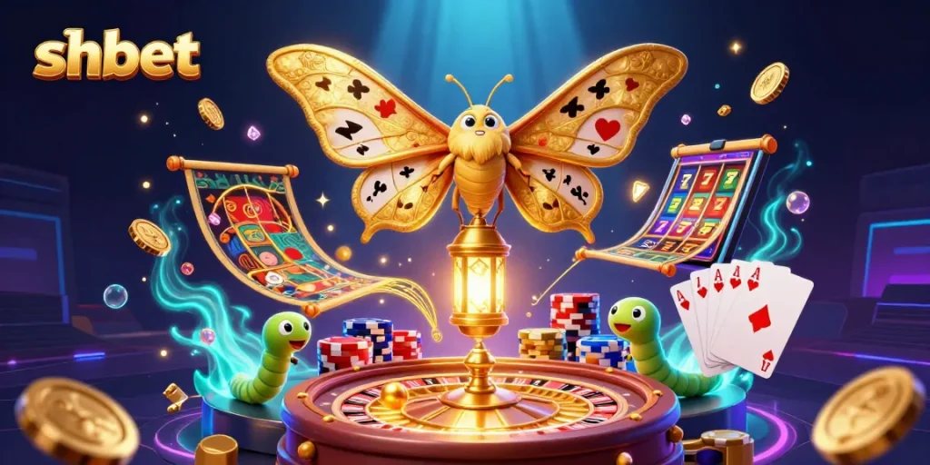 Engage with shbet's vibrant casino world featuring a magical moth among enchanting gaming elements.