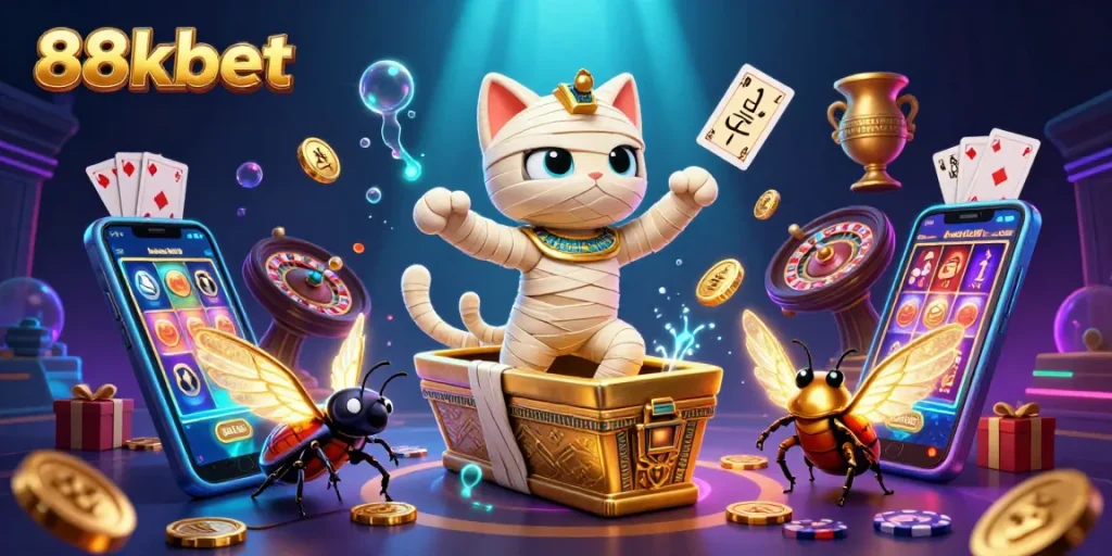 Experience thrilling wins with 88kbet in a vibrant 3D gaming scene featuring exotic characters and casino elements.