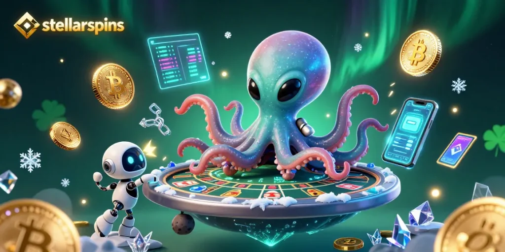 Experience thrilling baccarat action with stellarspins amid vibrant alien elements and crypto coins.