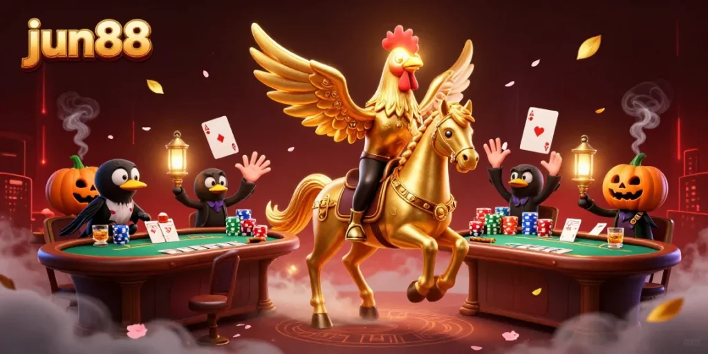 Experience the excitement of jun88 casino with a dynamic 3D scene featuring vibrant gambling elements.