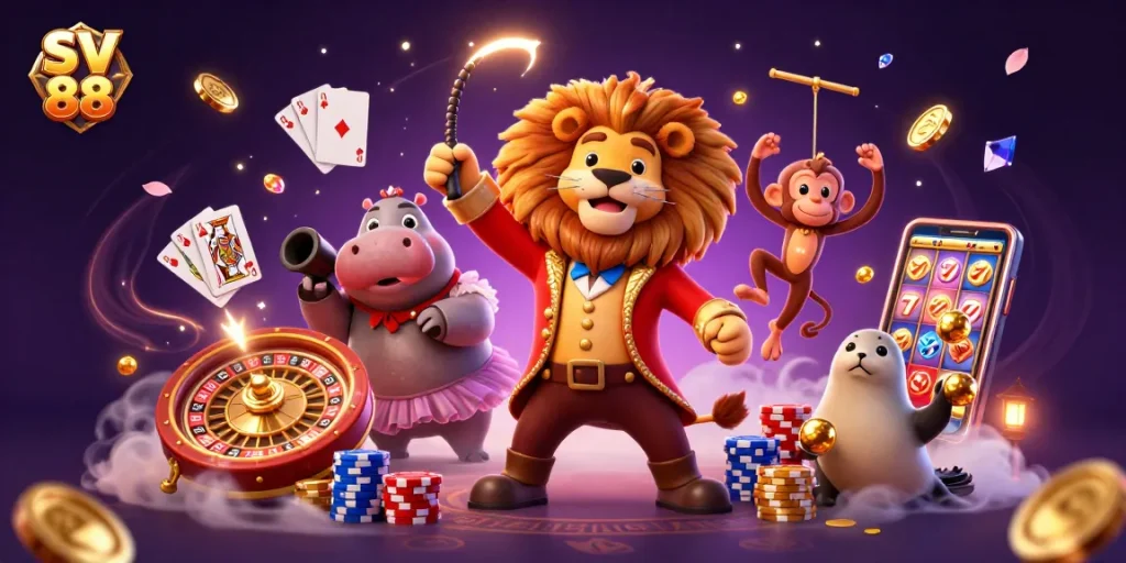 Experience the thrill of SV 88 casino gaming with playful characters and vibrant elements.