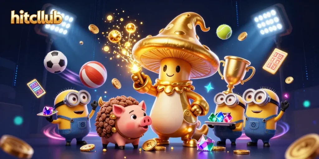 Experience the excitement of hitcllub as the golden mushroom wizard casts treasure magic in a vibrant casino scene.