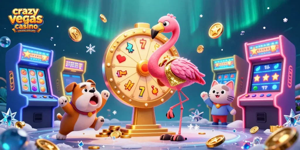 Spin for excitement at crazy vegas casino real money online pokies with vibrant characters in dynamic casino scene.
