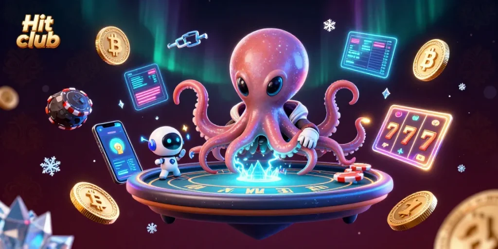 Spin to win at Hit club, with a vibrant alien-themed 3D poker showdown and glowing crypto coins.