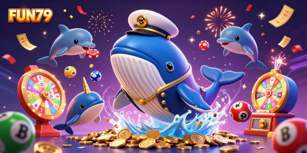Experience FUN79's thrilling jackpot chase with a captain whale and playful dolphins amidst dazzling gaming elements.