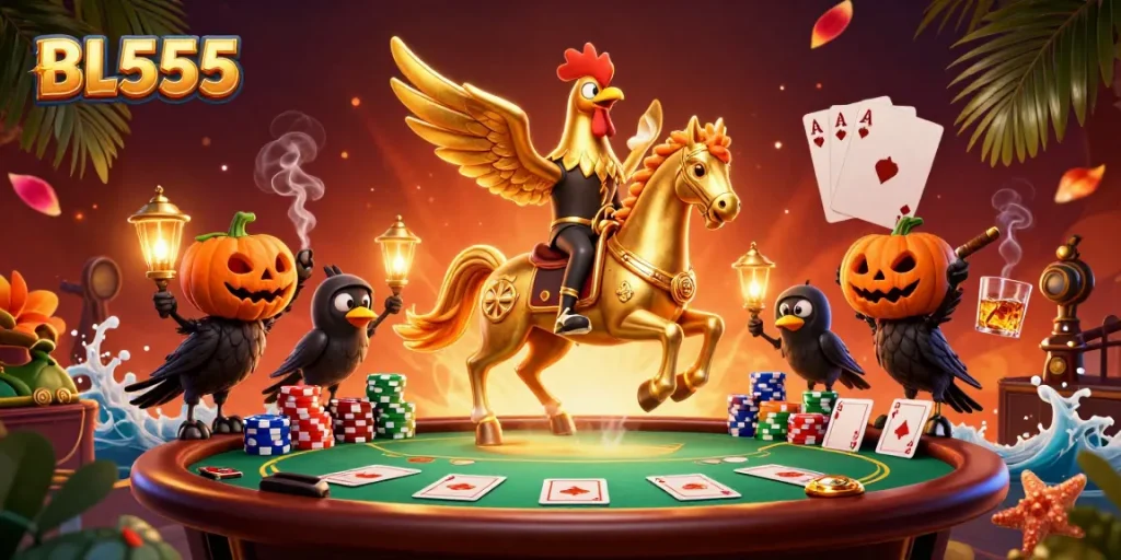 Experience BL555's vibrant casino immersion with golden rooster and poker elements!