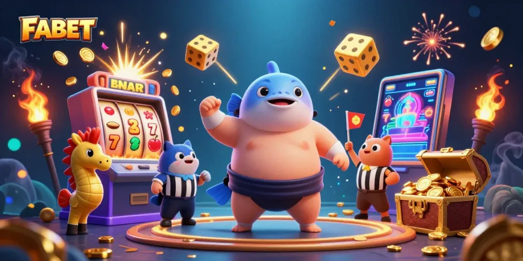 FABET casino celebration scene with a cartoon fugu, catfish referee, and slot machine explosion.