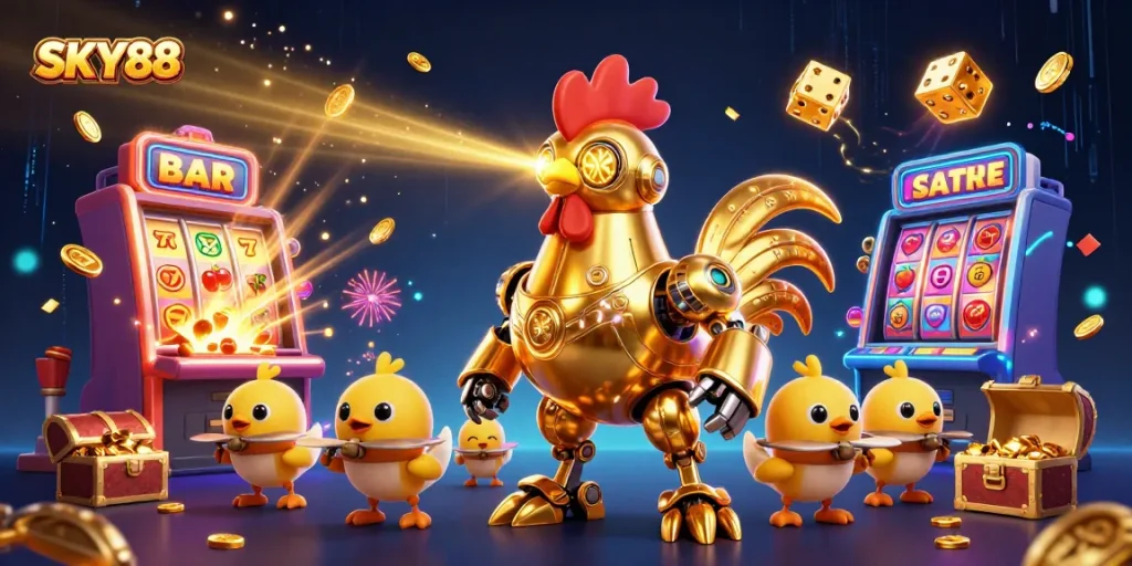 Play exciting casino games with SKY88 featuring a golden rooster robot and dynamic gaming elements.