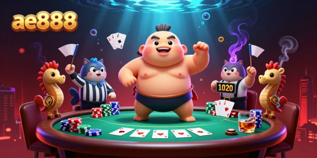Bet on ae888 with 3D cartoon fugu, a wise catfish, and poker chips in a vibrant underwater casino scene.