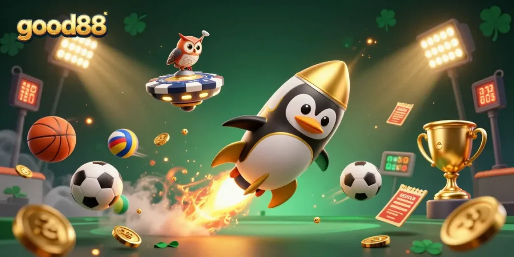 Experience thrilling gameplay at good88 with the golden penguin and vibrant casino space station scene.