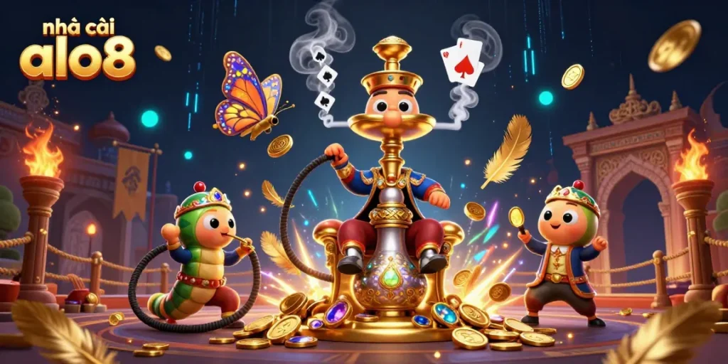 Engage with the vibrant scene of nhà cái alo8 featuring a giant caterpillar master in a Turkish sultan outfit, surrounded by dynamic gambling elements.