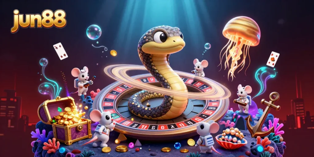 Experience the thrills of jun88 with vibrant casino elements and whimsical characters in an exciting 3D scene.