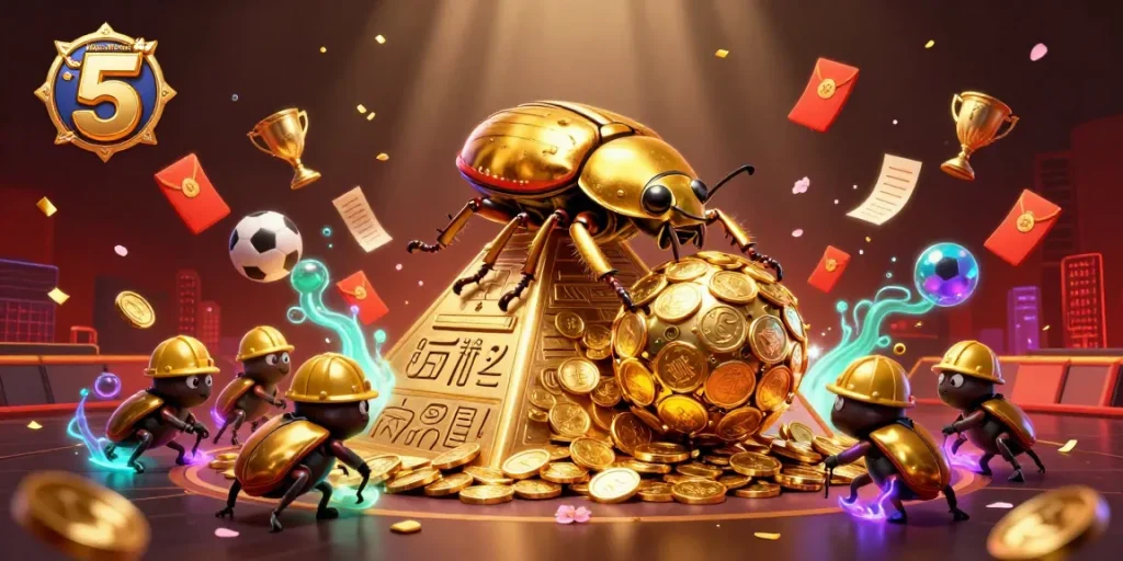 Engage with keo nha cai 5 through a vibrant 3D scene of beetles amidst dynamic casino symbols.