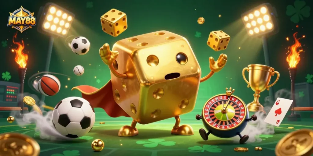 Engage in thrilling sports betting action with MAY88 featuring a dynamic, animated casino scene.